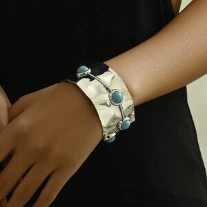 Turquoise Hammered Bangle Boho Festival Western Concho Silver Cuff Bracelet